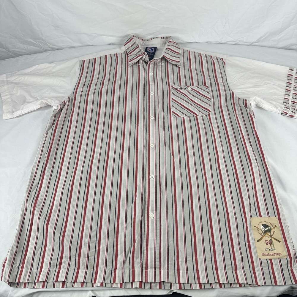 G-Unit Mens XL Short Sleeve Button Up Shirt Striped Red White Grey Vintage Y2K